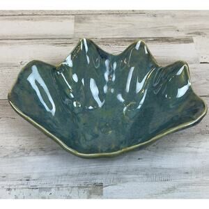 Studio Art Pottery Shell Dish Signed Appalachian Green Blue Organic Bowl Decor